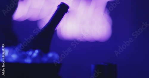 Close up view of sexy woman flirting , dancing and drinking glass of champagne . Smoke rises from ice cubes . Black colored sparkling wine bottle and glasses inside night club . Concept of nightlife