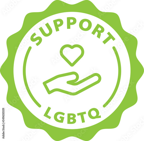 Support LGBTQ green stamp. Symbol, outline icon, tag, badge, label, circle, green white vector round isolated on transparent background.
