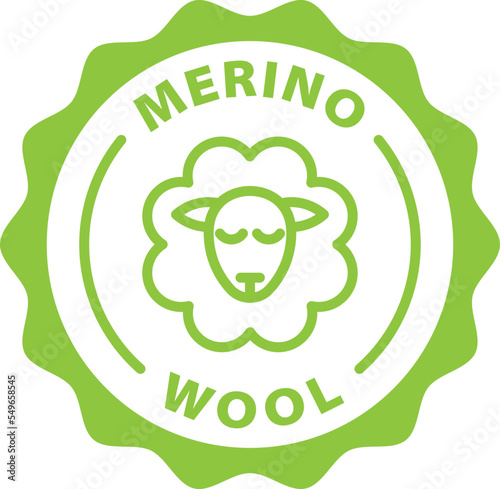 Merino wool green stamp. Symbol, outline icon, tag, badge, label, circle, green white vector round isolated on transparent background.