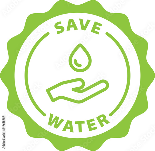 save water green stamp. Symbol, outline icon, tag, badge, label, circle, green white vector round isolated on transparent background.