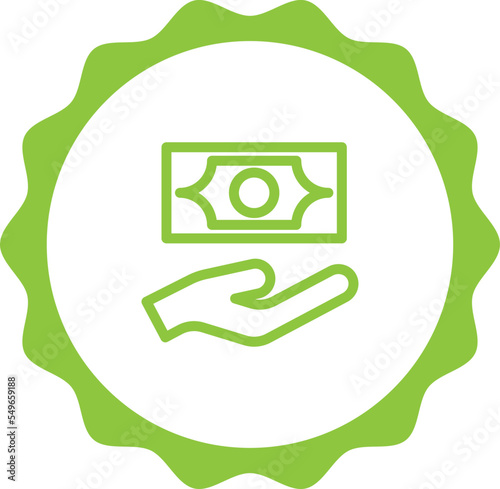 money benefits green stamp. Symbol, outline icon, tag, badge, label, circle, green white vector round isolated on transparent background.