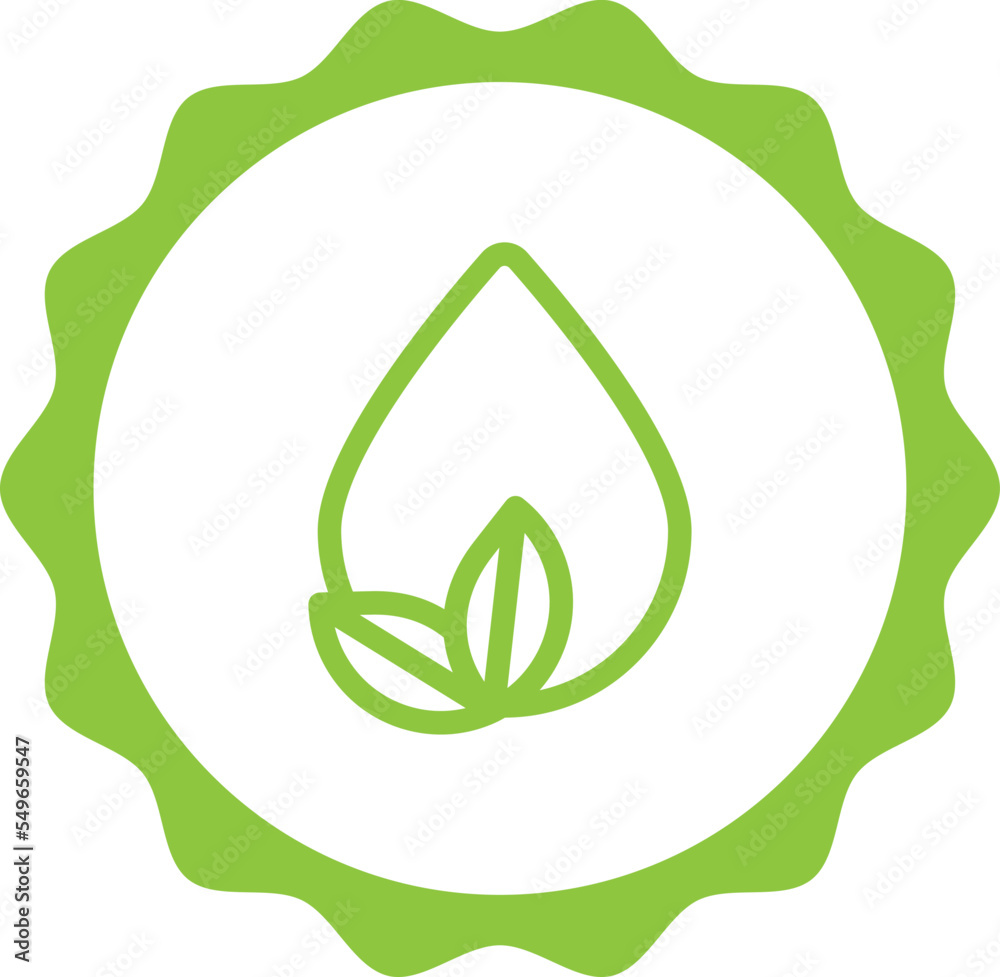 eco bio natural nature product drop green stamp. Symbol, outline icon, tag, badge, label, circle, green white vector round isolated on transparent background.