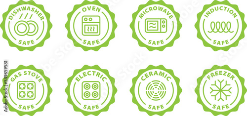 appliances stoves safety green stamp, icon set. Symbol, outline icon, tag, badge, label, circle, green white vector round isolated on transparent background. Dishwasher, oven, microwave, induction