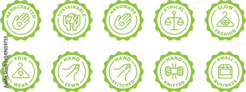 Handmade small business icon set. handcrafted, slow fashion, fair green stamp. Symbol, outline icon, tag, badge, label, circle, green white vector round isolated on transparent background. Icon set.