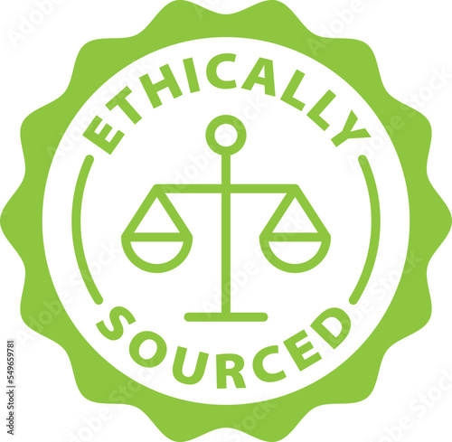 Ethically sourced green stamp. Ethical symbol, outline icon, tag, badge, label, circle, green white vector round isolated on transparent background.