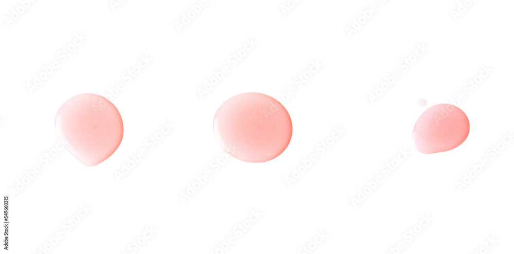 Serum gel drops. Clear pink liquid skincare product texture with bubbles. Cosmetic swatches isolated on white background