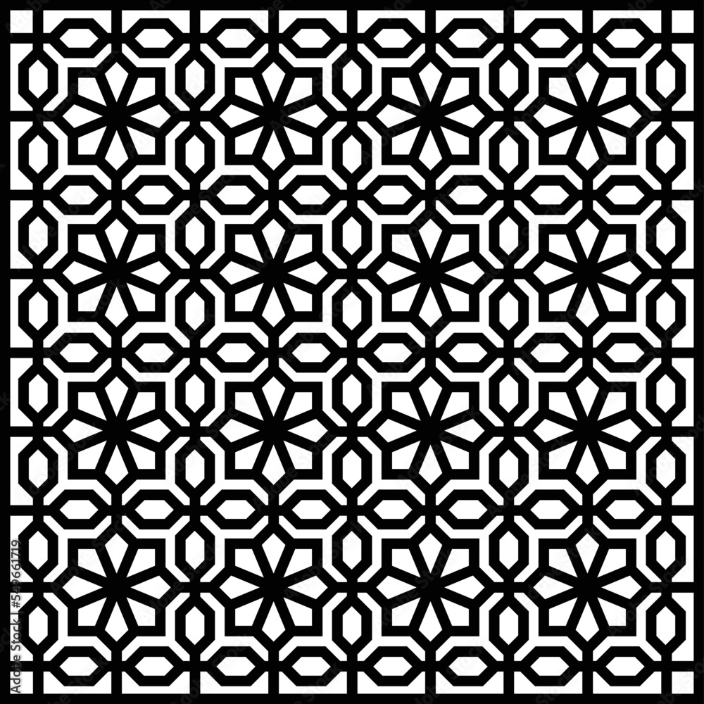 A geometric, traditional Islamic pattern design or 'arabesque' in vector editable format. Square size grill or Jaali design template for computerized CNC laser cutting. 