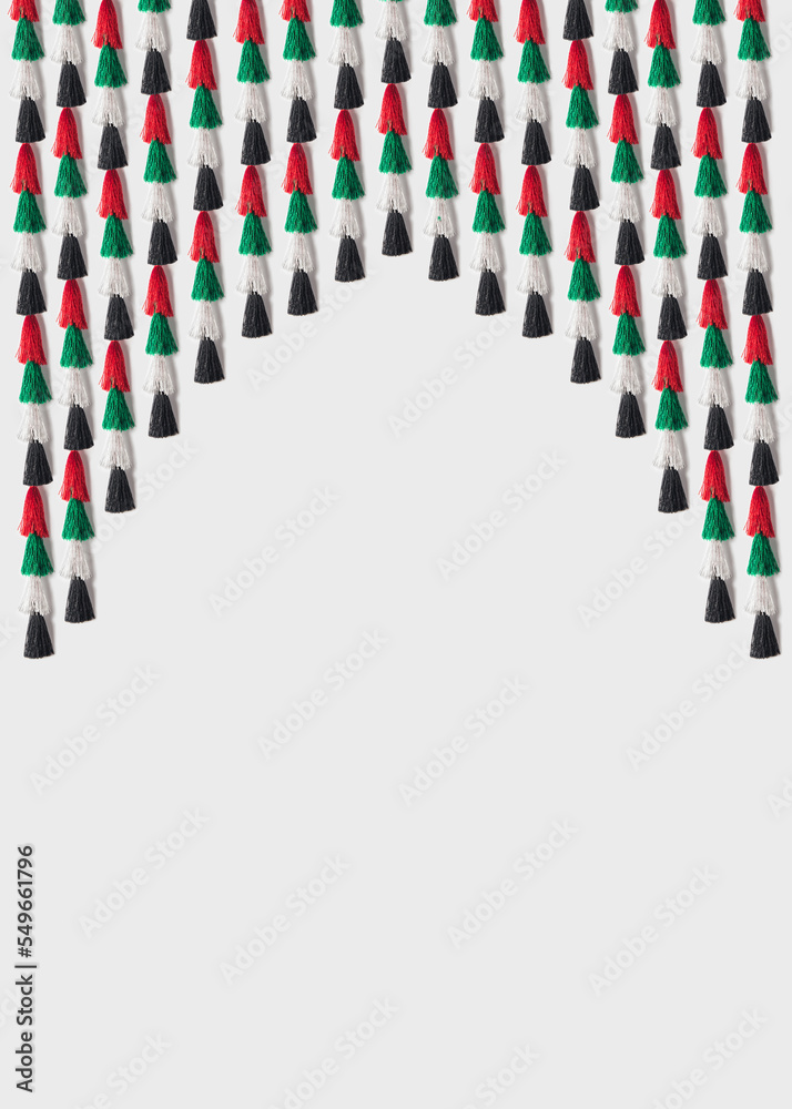 An arch or curtain made with hanging tassels. Decorative empty template with blank space with colorful tassels. An arch or curtain made with hanging tassels. Decorative empty template with blank space with colorful tassels.