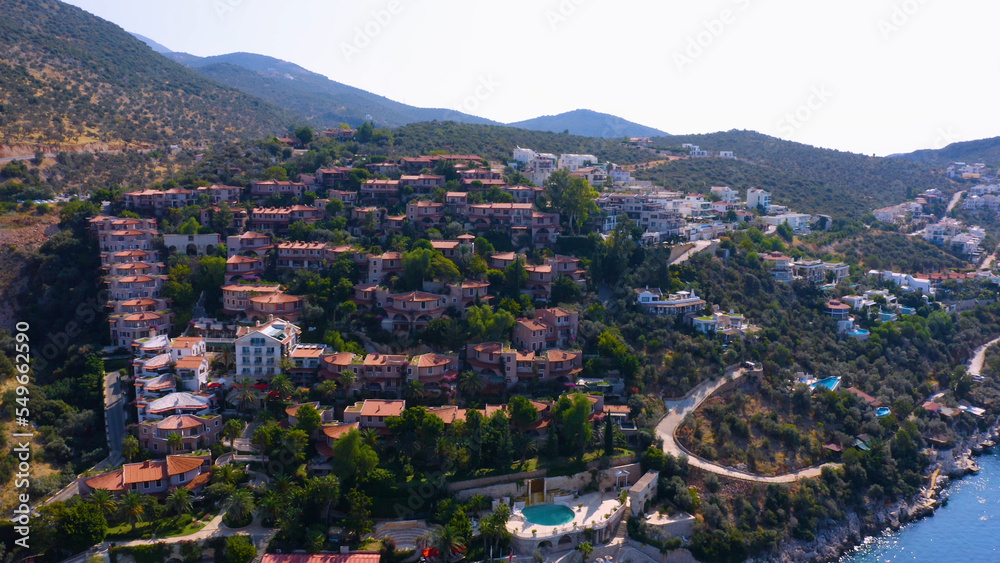 Aerial panoramic cityscape view of coastal town at Turkey. Summer vacation concept.