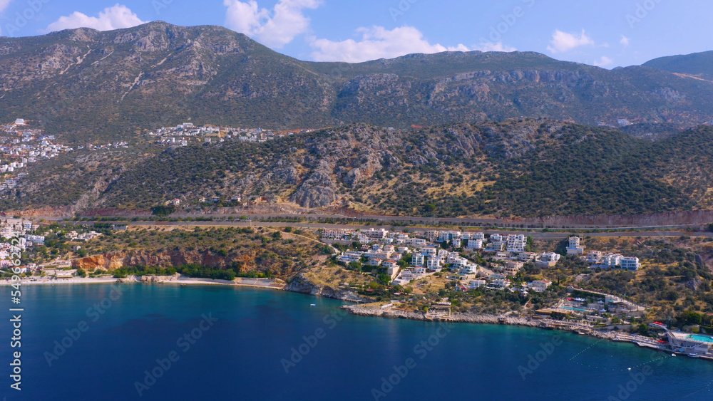 Beautiful coastal city landscape. Aerial panoramic view from drone. Vacation and holiday concept.