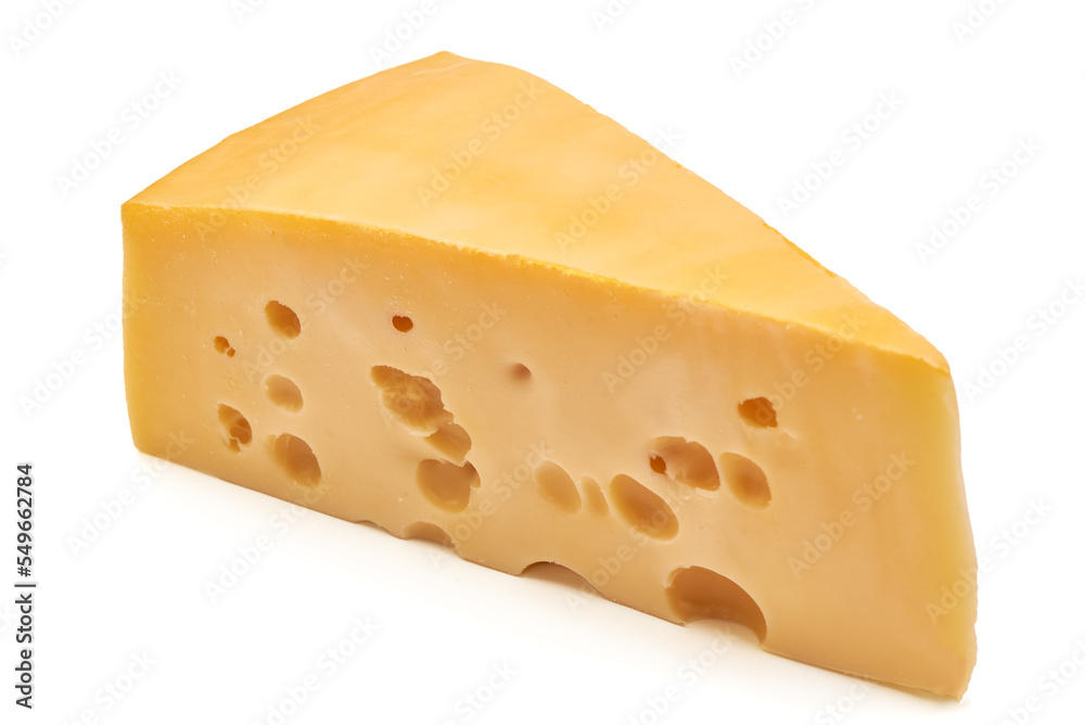 Maasdam cheese block, isolated on white background. High resolution image