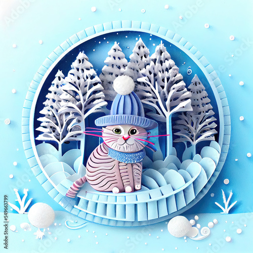 Cute cat in winter forest as paper cut craft diaorama illustration photo