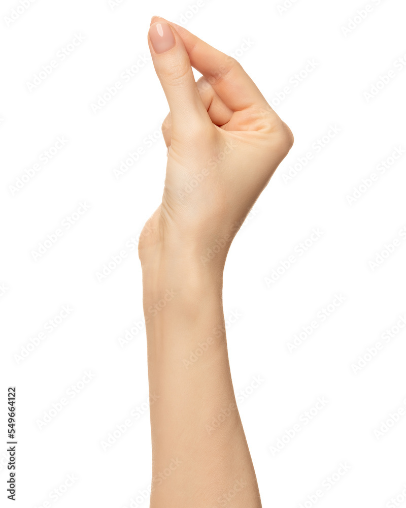 Female hand holding card isolated on white background. Part of series Female hand holding card isolated on white background. Part of series