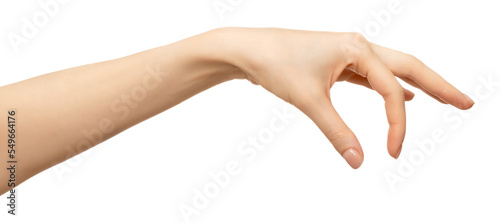 Woman hand grabbing something isolated on white