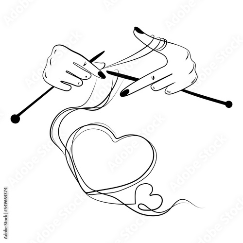 Hands with knitting needles knit heart Line art abstract drawing vector graphics on a white background.Creative idea for a romantic poster,tattoo,print.Needlework emblem,logo and labels for handmade