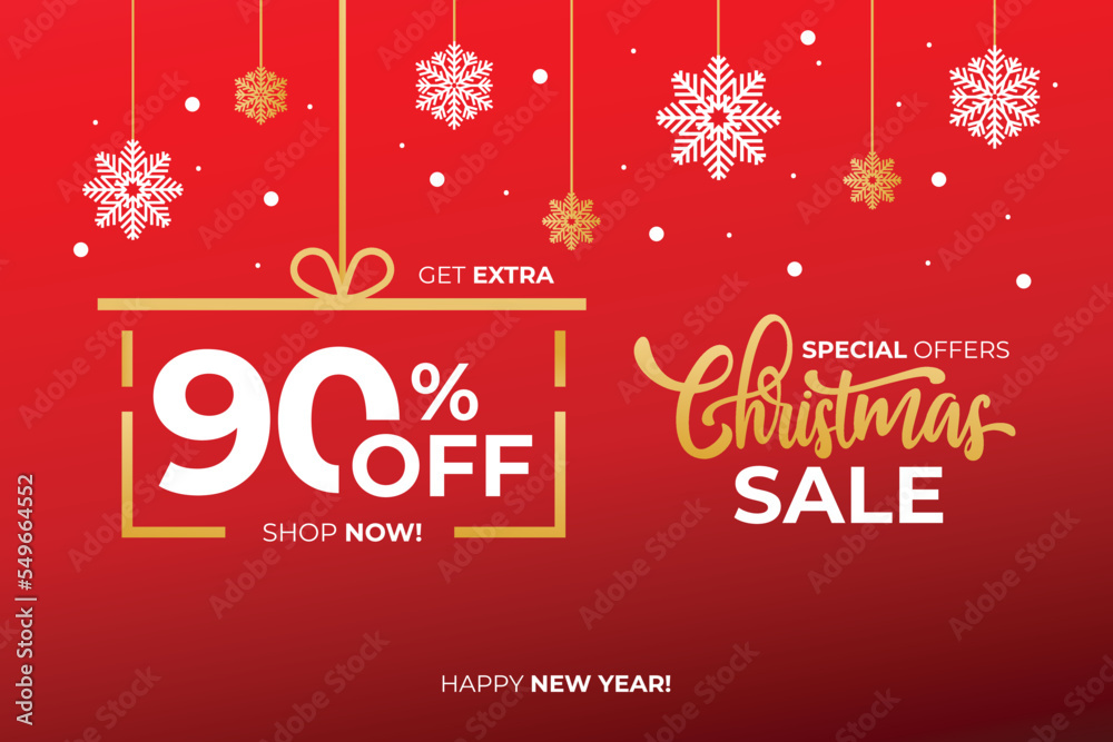 New year sale. Christmas sale label with sale precentage 90 percent. Horizontal posters, greeting cards, header, website. Red Card with Christmas snowflakes. Card or Christmas themed invitations. New year sale. Christmas sale label with sale precentage 90 percent. Horizontal posters, greeting cards, header, website. Red Card with Christmas snowflakes. Card or Christmas themed invitations.