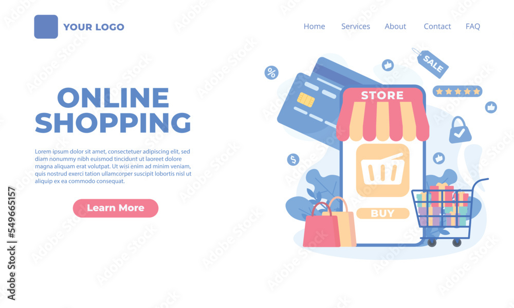 Landing page template of Online Shopping. Online shopping concept illustrations on the mobile application.