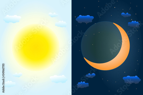 Day and night sky. Sun and moon as vernal or autumnal equinox day concept. Day and night with moon and sun. Earth seasons. Weather forecast background. International Astrology Day. Vector illustration