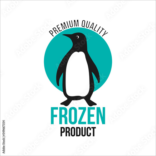 Frozen product premium quality logo with penguin. Food package label, storage instruction vector design photo