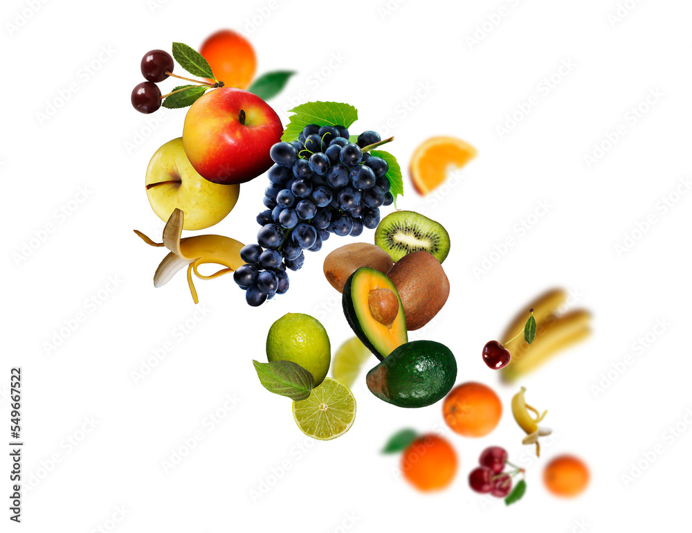 Juicy, tasty, fresh cherry, apple, kiwi, grapes, avokado. banan, lime levitate on a white background, healthy diet. Fresh fruits and vegetables