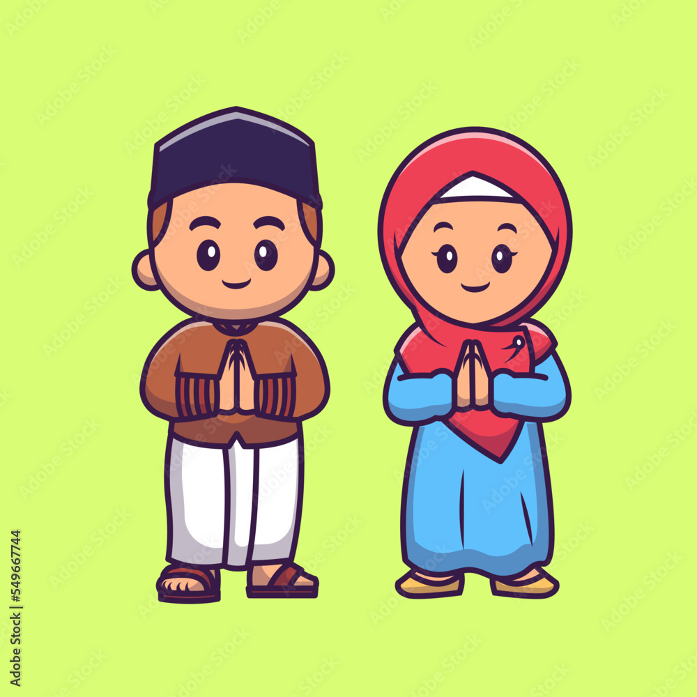 Cute Girl And Boy Moslem Celebrating Ied Mubarak Cartoon 
Vector Icon Illustration. People Religion Icon Concept Isolated 
Premium Vector. Flat Cartoon Style