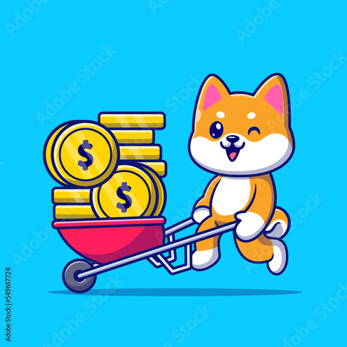 Cute Shiba Inu Dog Pushing Cart Gold Coin Cartoon Vector 
Icon Illustration. Animal Business Icon Concept Isolated 
Premium Vector. Flat Cartoon Style