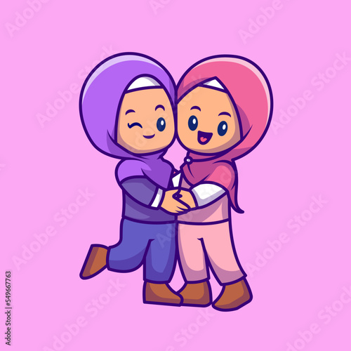Couple Girl Moslem Celebrating Eid Mubarak Cartoon Vector 
Icon Illustration. People Religion Icon Concept Isolated 
Premium Vector. Flat Cartoon Style