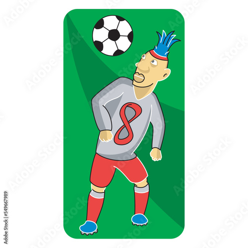a soccer or football player with mohawk hair in a number 8 uniform preparing to head the ball vector design