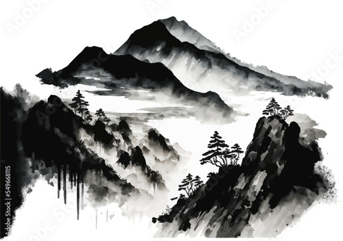Watercolor mountain background. Landscape with mountains in a minimalist style. Wallpaper design, prints and invitations, postcards. Rising sun over the mountains. Vector illustration