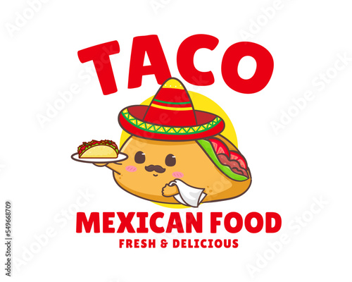 Taco with meat and vegetable. Traditional Latin American Mexican fast-food. Tacos logo icon sticker food concept. Vintage retro flat cartoon style.