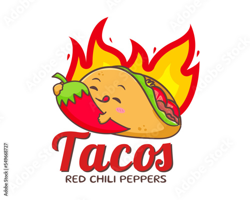 Taco with meat and vegetable. Traditional Latin American Mexican fast-food. Tacos logo icon sticker food concept. Vintage retro flat cartoon style.