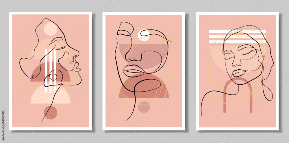 A set of three paintings. An abstract figure. Minimalistic vector posters: portrait of a woman, circles, squares, branches, abstraction. For postcards, posters, posters, brochures, cover design. A set of three paintings. An abstract figure. Minimalistic vector posters: portrait of a woman, circles, squares, branches, abstraction. For postcards, posters, posters, brochures, cover design.