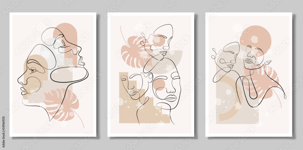 A set of three paintings. Vector portrait in a minimalist style. Geometric shapes, leaves, female portrait. Hand-drawn abstract female print. Used for social media stories.