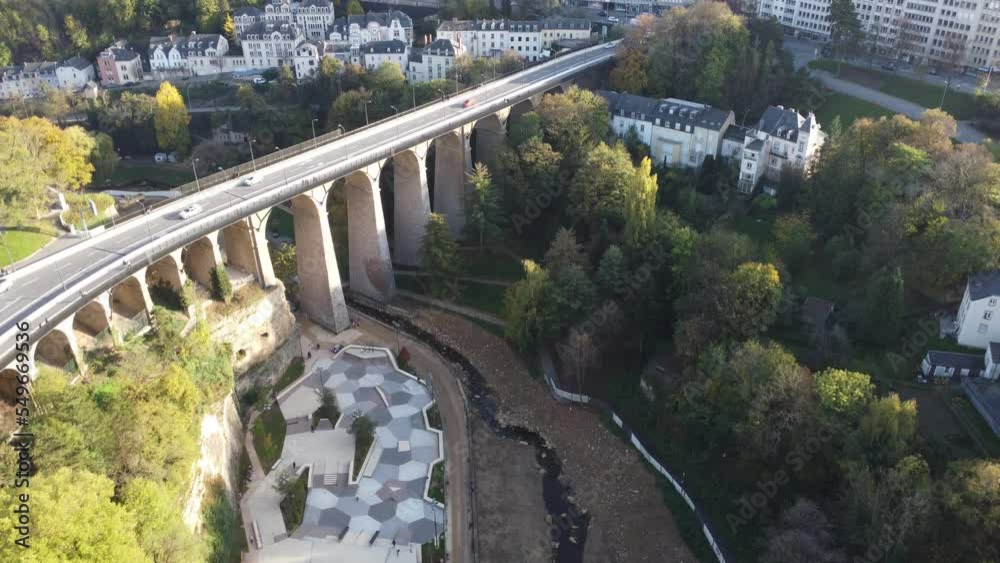 Scenic Drone Aerial Footage of Luxembourg City, including Cathédrale Notre-Dame, Pont Adolphe and Bourbon-Platte