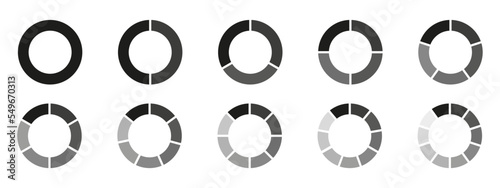 Circles divided diagram 3, 10, 7, graph icon pie shape section chart. Segment circle round vector 6, 9 devide infographic.