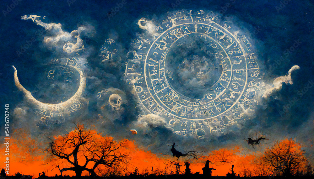 A dark night sky is decorated with a circular zodiac and a gloomy cemetery. This can be beneficial for clairvoyance readings or black or negative horoscope related to death or the end of an era.