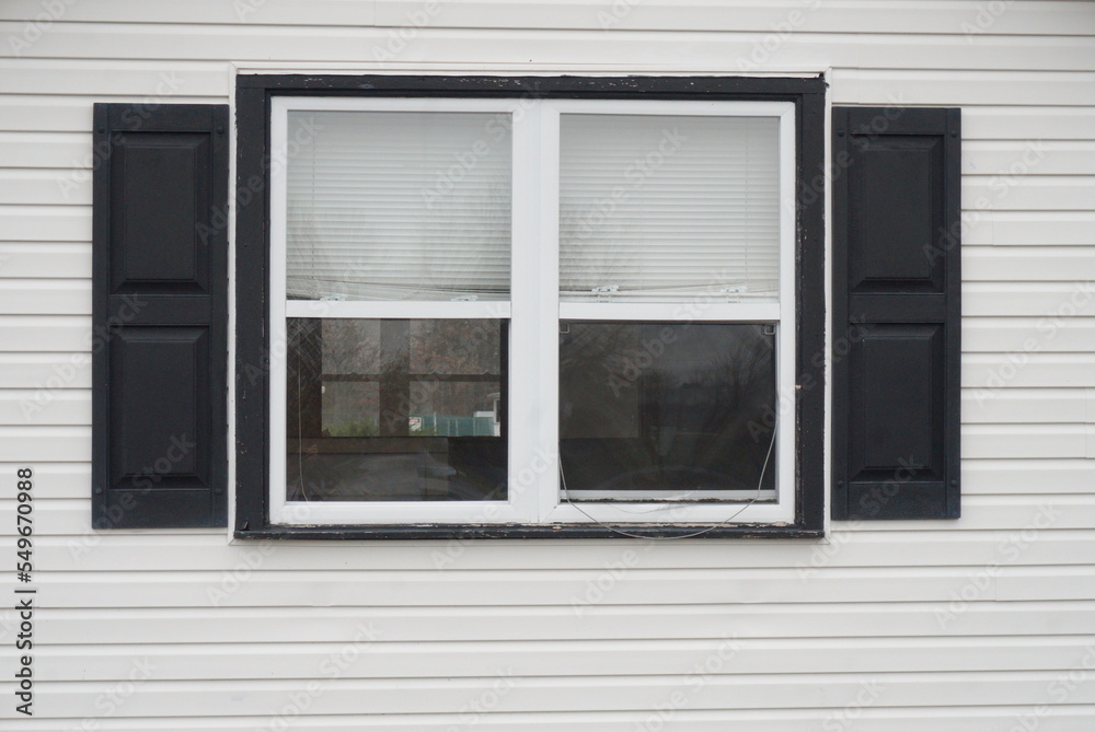 Double Window on White SIding with Black Shutters