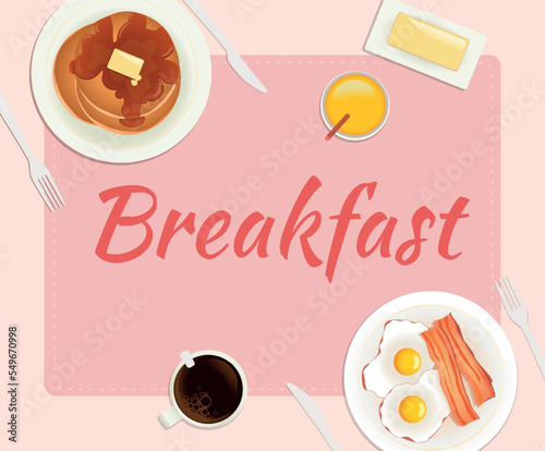 Brunch and breakfast top view Food menu design.Pancakes and scrambled eggs with bacon