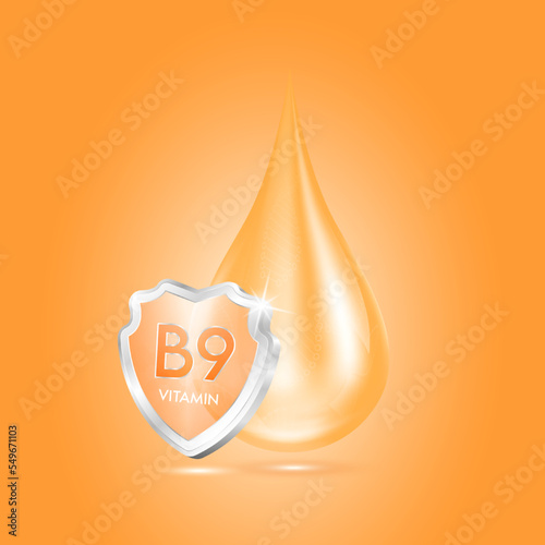 Drop vitamin B9 orange glass shield transparent reflection shining. Protection the body stay healthy. For skincare cosmetics, nutrition products food. Medical concepts. Isolated 3D realistic vector.