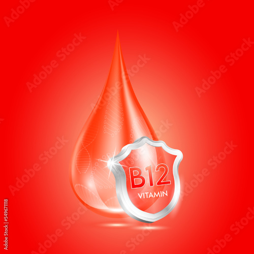 Drop vitamin B12 red and glass shield transparent reflection shining. Protection the body stay healthy. For skincare cosmetics, nutrition products food. Medical concepts. Isolated 3D realistic vector.