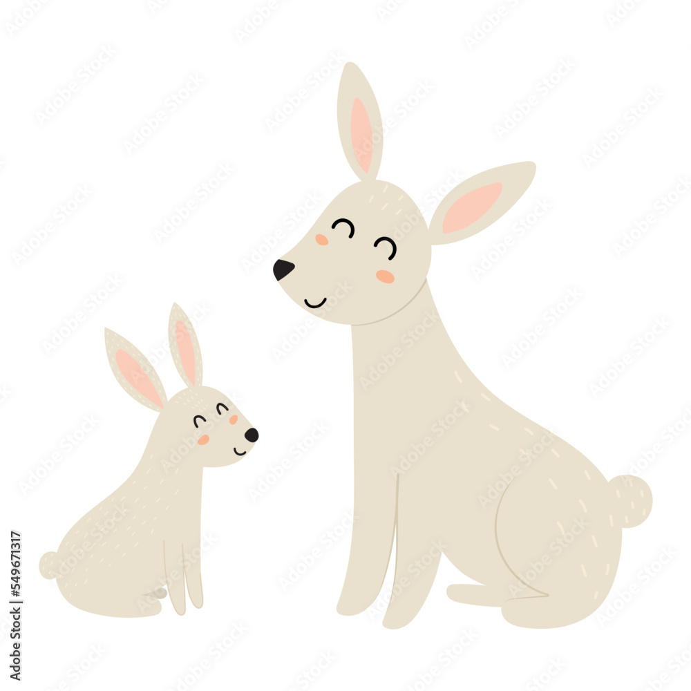 Obraz premium Mother rabbit with her baby. Cute mom and her child animal characters. Mother Day print for kids. Vector illustration