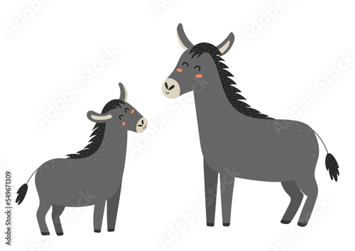 Mother donkey with her baby foal. Cute mom and her child animal characters. Mother Day print for kids. Vector illustration