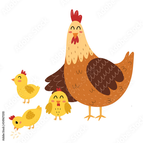 Mother hen with her baby chicks. Cute farm animal characters - mom and her child. Mother Day print for kids. Vector illustration