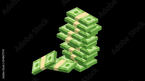 Money animation. Currency strap of banknotes are stacked in a large pile.