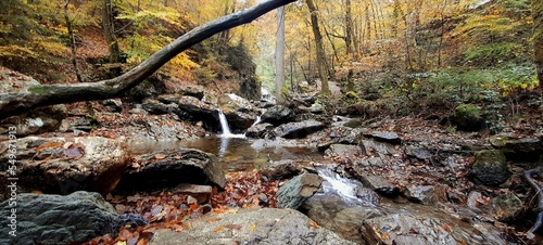 Fotografia View of Cascade de la Chaudiere in the autumn forest