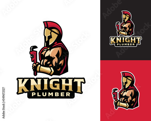 Spartan Knight holding a wrench, plumber mascot vector logo. A great logo for a plumbing business, HVAC companies, etc
