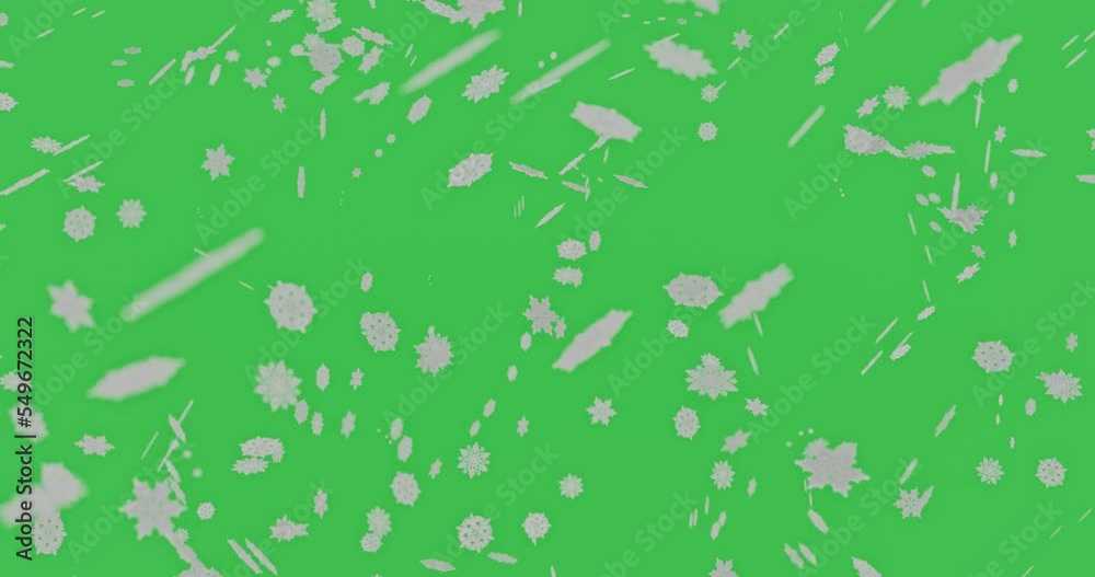 Snowfall overlay on green background. Winter slowly falling snow effect Chroma key. 4K animation.