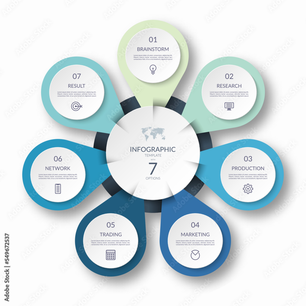 Infographic cycle diagram with 7 steps. Can be used as a chart, graph, workflow layout for web, report, business infographics. Infographic cycle diagram with 7 steps. Can be used as a chart, graph, workflow layout for web, report, business infographics.