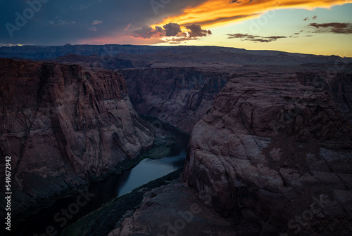 Horseshoe Bend sunset landscape. In the valley of the Grand Canyon the Colorado River
