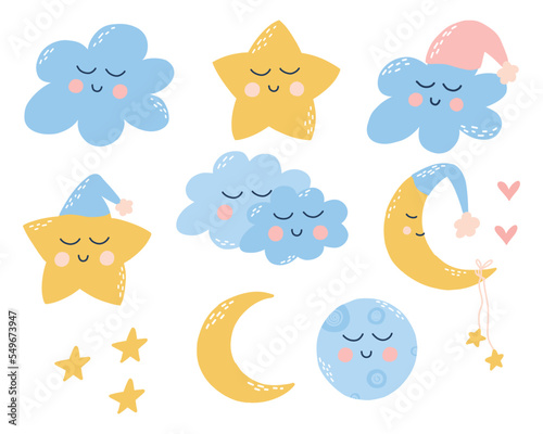 Cute childish set of good night elements. Childrens collection of stars, clouds, moons, planets. Vector illustration in hand drawn cartoon style.